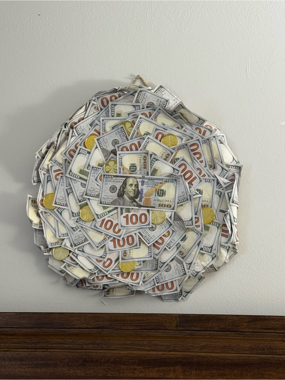 Decorative Money Print Wall Art - White, Green, Gold Accent